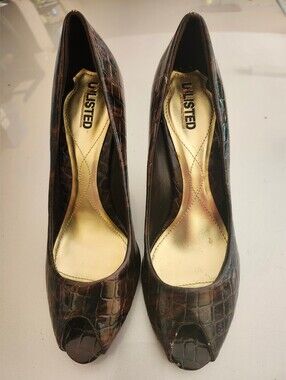 Unlisted Brown Croc-Embossed Peep-Toe Heels